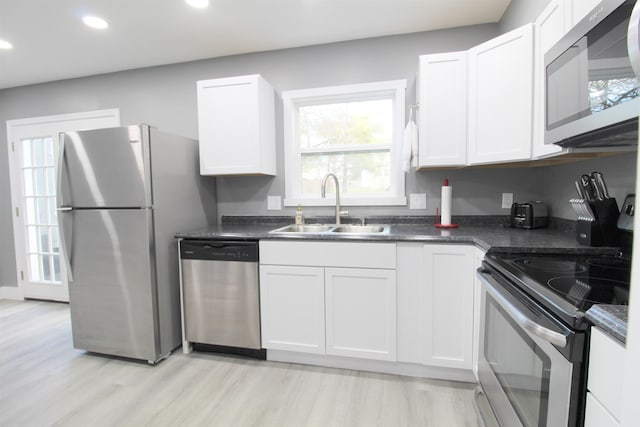 kitchen with stainless steel appliances, sink, and white cabinets