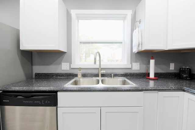 kitchen featuring dishwasher, sink, and white cabinets