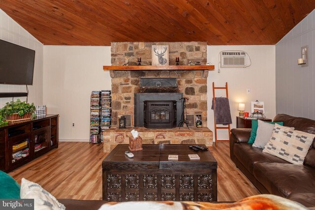 living room featuring wooden ceiling, light wood-type flooring, and an AC wall unit