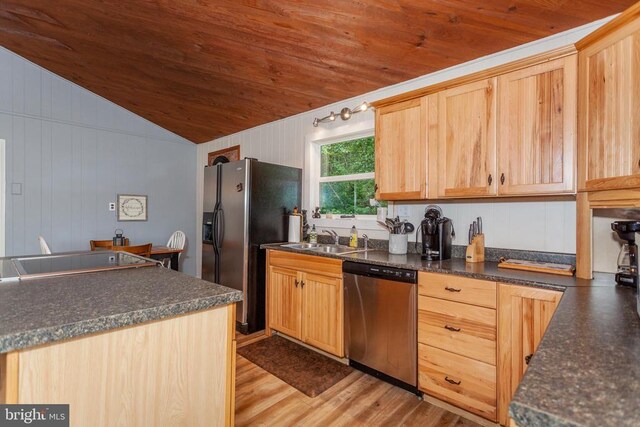 kitchen featuring light brown cabinetry, sink, wood ceiling, stainless steel appliances, and light hardwood / wood-style flooring