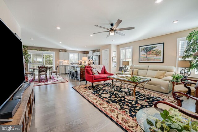 living room with ceiling fan and light hardwood / wood-style flooring