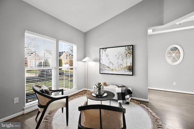 living area featuring baseboards, lofted ceiling, and wood finished floors