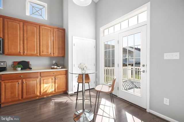 interior space featuring stainless steel microwave, dark wood finished floors, light countertops, baseboards, and a towering ceiling