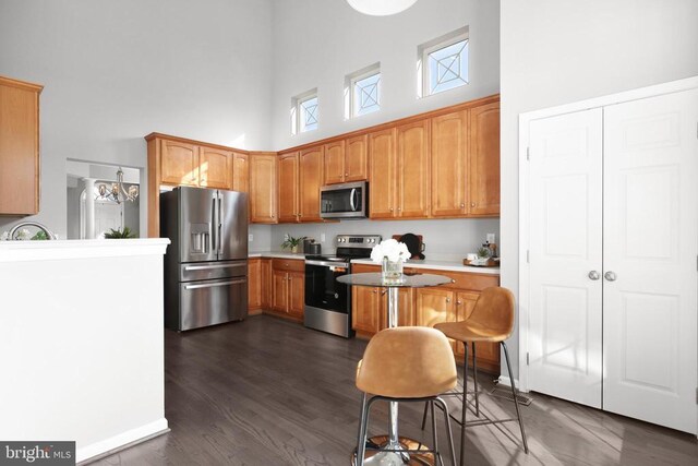 kitchen with dark wood finished floors, a towering ceiling, brown cabinetry, and appliances with stainless steel finishes