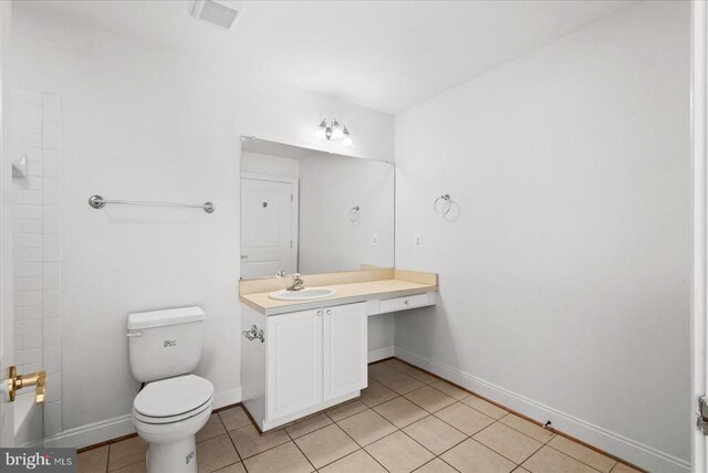 bathroom featuring visible vents, baseboards, toilet, tile patterned flooring, and vanity