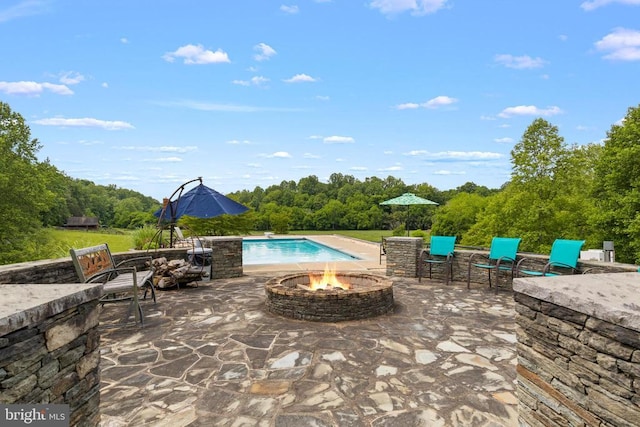 view of pool featuring a patio and an outdoor fire pit