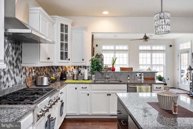 kitchen with appliances with stainless steel finishes, stone countertops, wall chimney range hood, and a sink