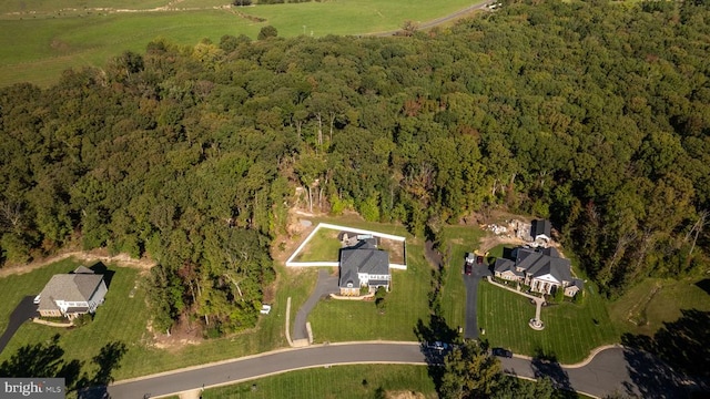 birds eye view of property with a forest view