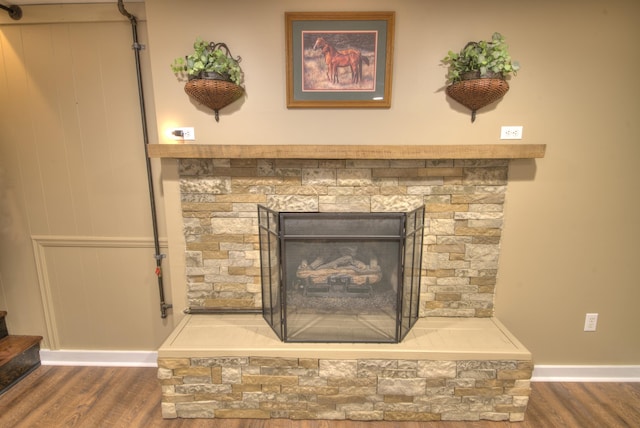 details featuring baseboards, wood finished floors, and a fireplace