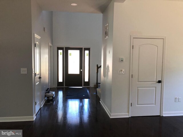 entryway with a towering ceiling and dark wood-type flooring