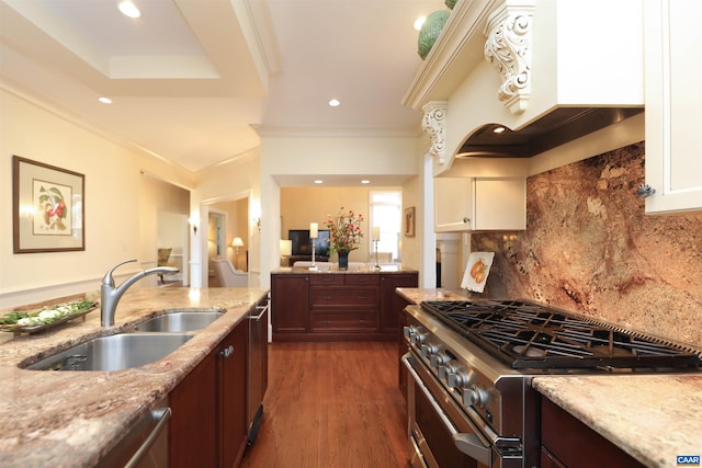 kitchen featuring sink, light stone counters, dark brown cabinetry, stainless steel appliances, and custom range hood