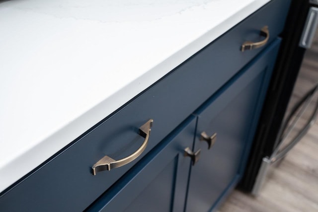 interior details featuring blue cabinets and wood finished floors