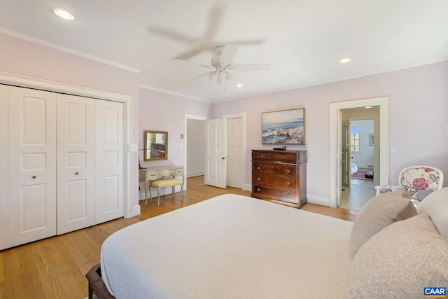 bedroom with crown molding, recessed lighting, light wood-style floors, and baseboards