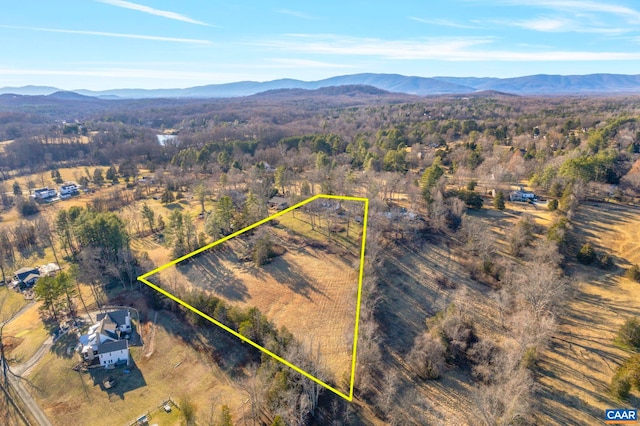 birds eye view of property with a mountain view and a view of trees