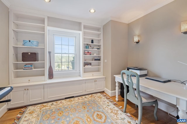 office area with baseboards, recessed lighting, light wood-type flooring, and ornamental molding