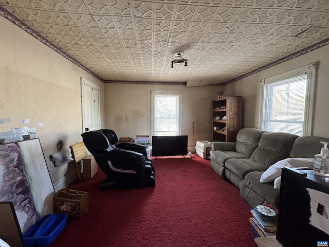 living room featuring crown molding, carpet, and an ornate ceiling