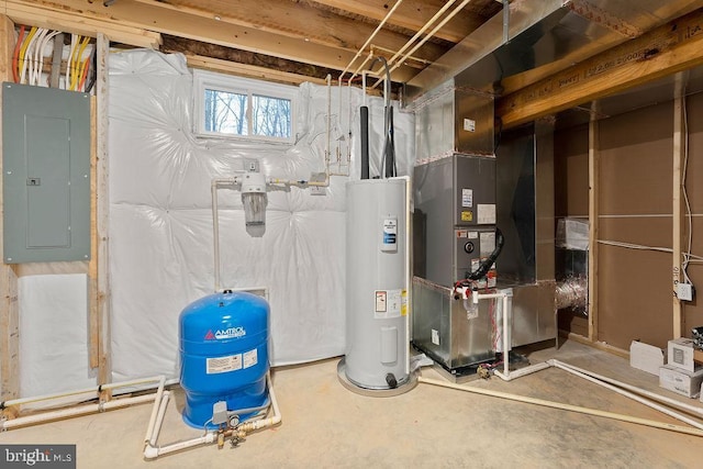 utility room featuring electric panel and electric water heater