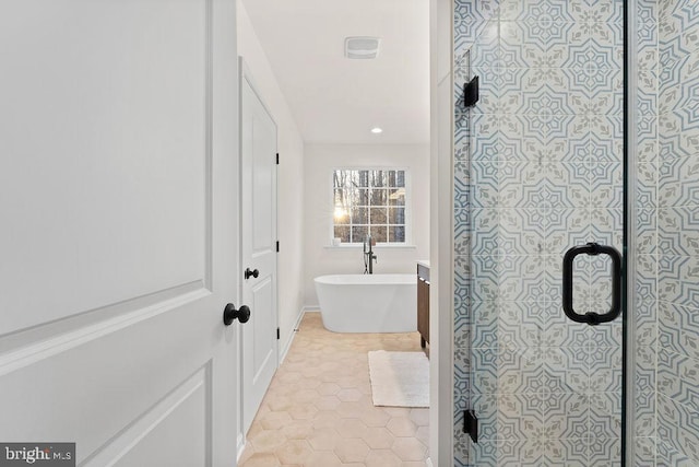 bathroom featuring tile patterned flooring, vanity, and independent shower and bath