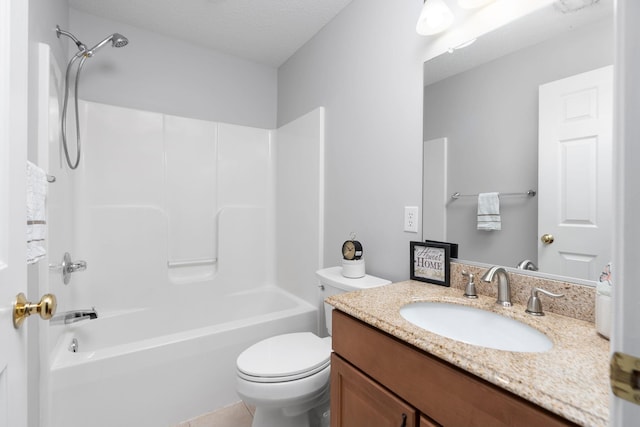 full bathroom with toilet, shower / washtub combination, a textured ceiling, and vanity