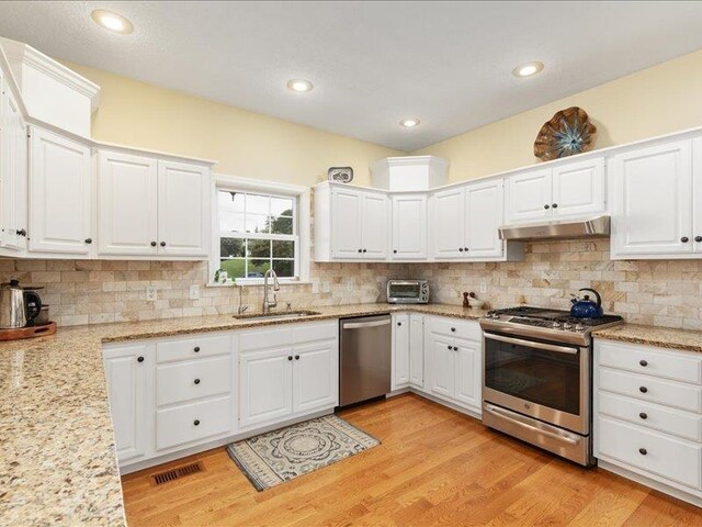 kitchen featuring sink, tasteful backsplash, appliances with stainless steel finishes, light hardwood / wood-style floors, and white cabinets