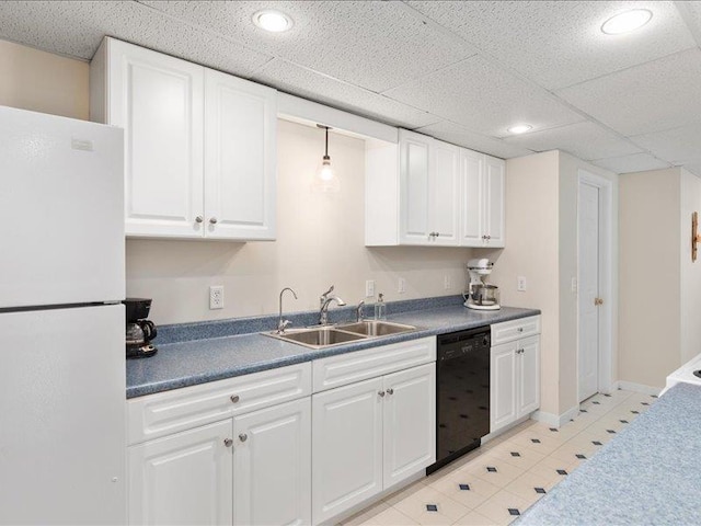 kitchen with decorative light fixtures, white cabinetry, dishwasher, sink, and white fridge