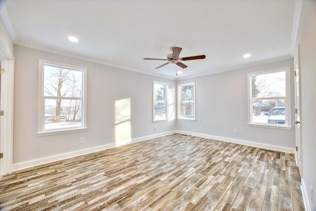 empty room featuring crown molding, ceiling fan, and light hardwood / wood-style flooring