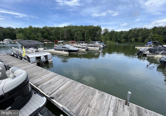 dock area featuring a forest view and a water view