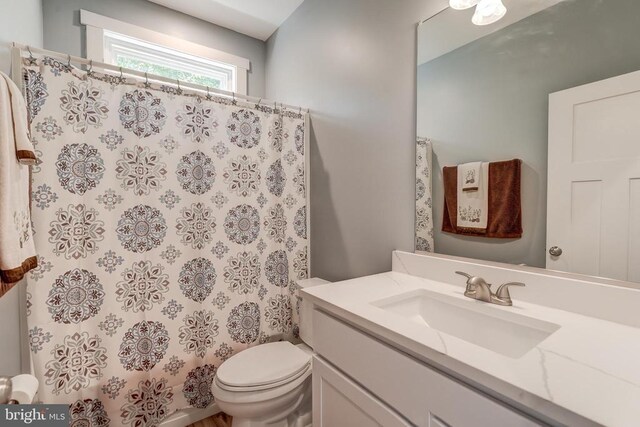 bathroom featuring curtained shower, toilet, and vanity