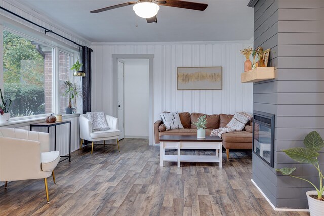 living room with wood-type flooring, ornamental molding, ceiling fan, and a fireplace