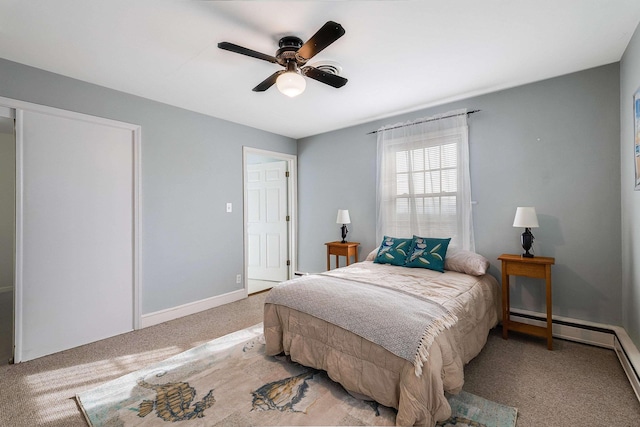 bedroom featuring ceiling fan, a baseboard radiator, and light carpet