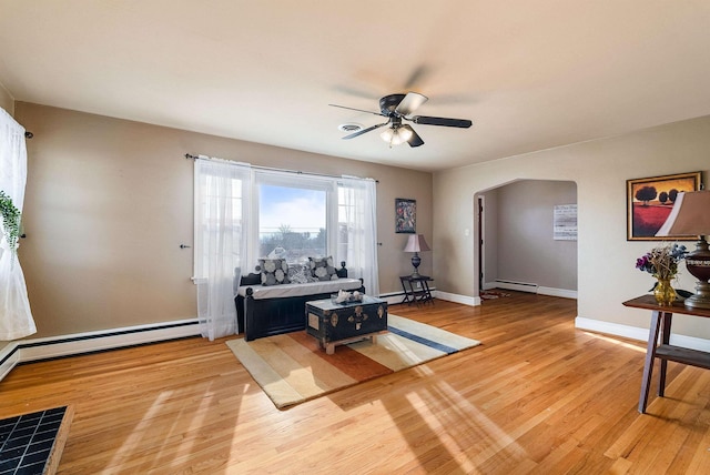 living room with a baseboard heating unit, hardwood / wood-style flooring, and ceiling fan