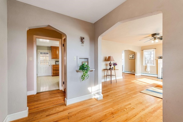 hallway with light hardwood / wood-style flooring and a baseboard radiator