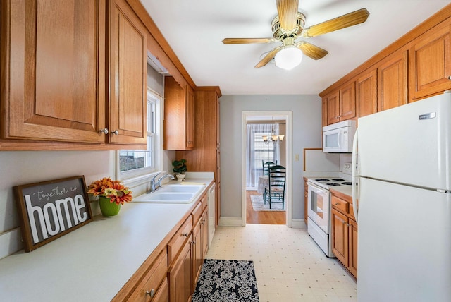 kitchen with ceiling fan with notable chandelier, white appliances, a healthy amount of sunlight, and sink