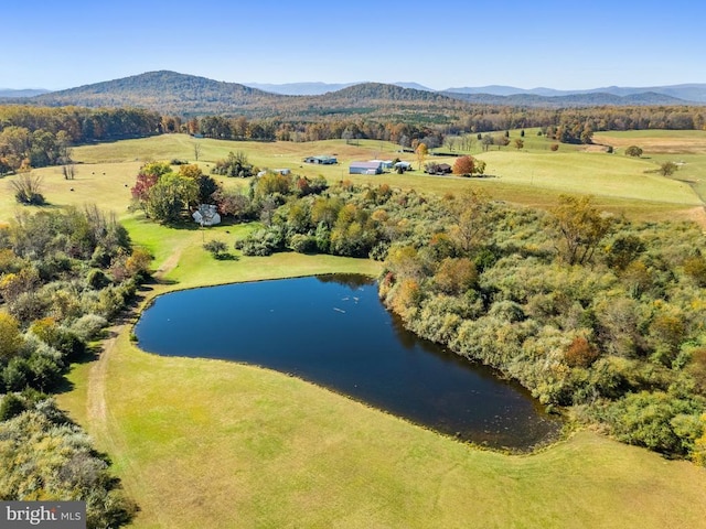 bird's eye view with a water and mountain view and a rural view