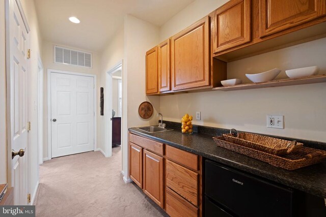 kitchen with light colored carpet and sink