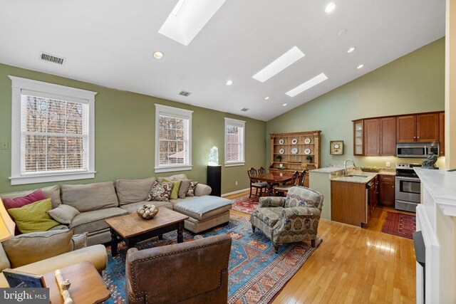 living room featuring wood-type flooring and lofted ceiling with skylight