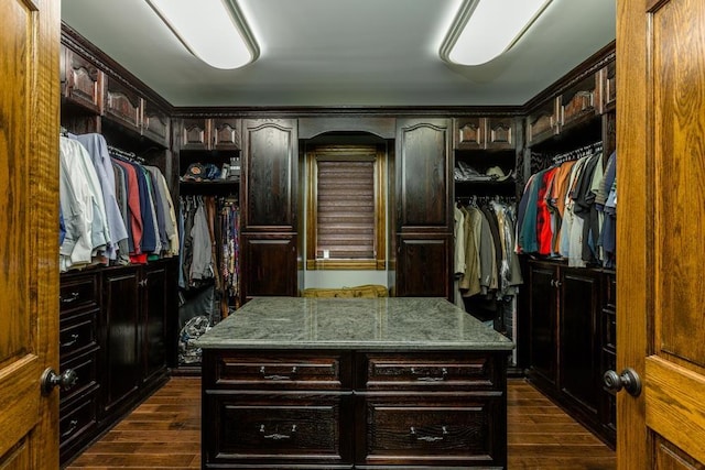 spacious closet with dark hardwood / wood-style floors