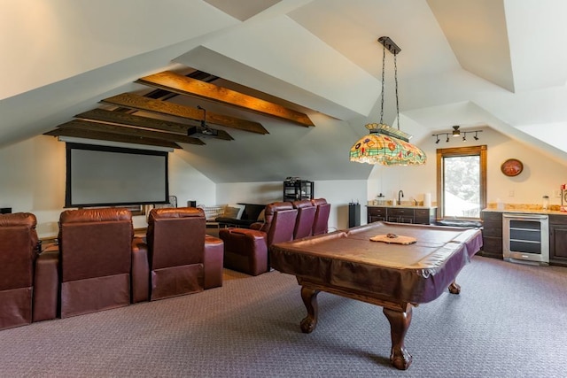 playroom featuring bar, beverage cooler, carpet floors, and vaulted ceiling with beams