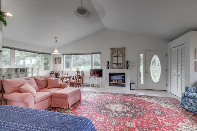 living room with lofted ceiling