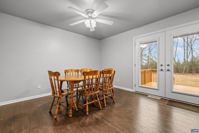 dining room featuring ceiling fan, french doors, dark wood-type flooring, and baseboards