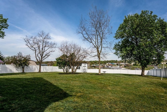 view of yard with a fenced backyard, a storage unit, and an outbuilding