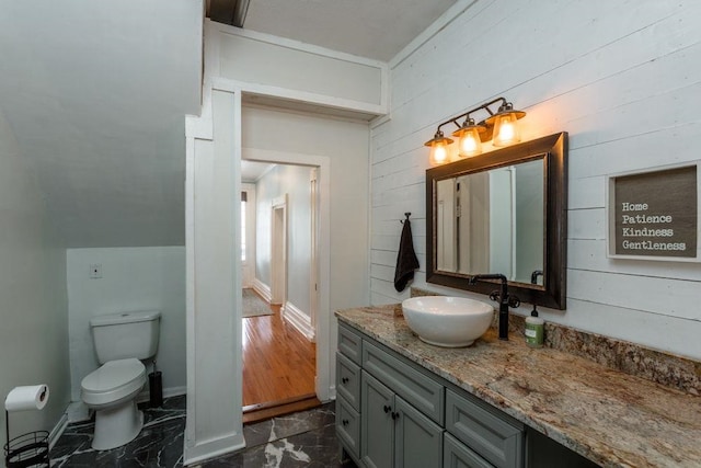 bathroom featuring vanity, wood walls, and toilet