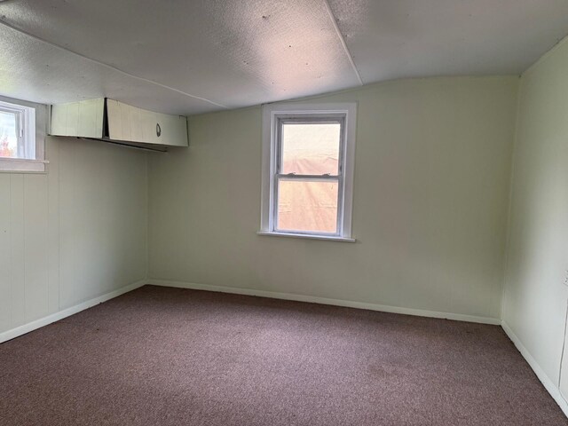 carpeted empty room with vaulted ceiling and a textured ceiling