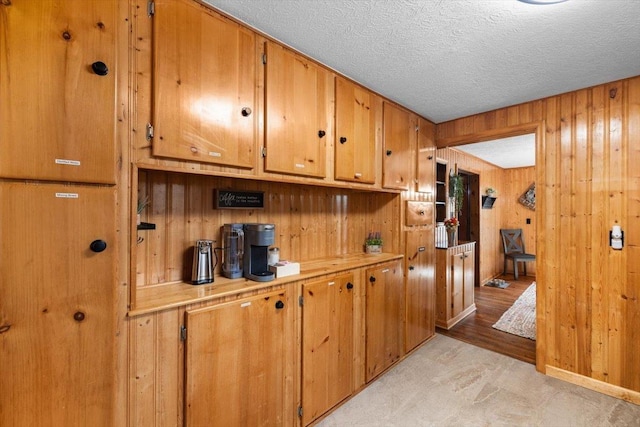 kitchen with a textured ceiling and wooden walls