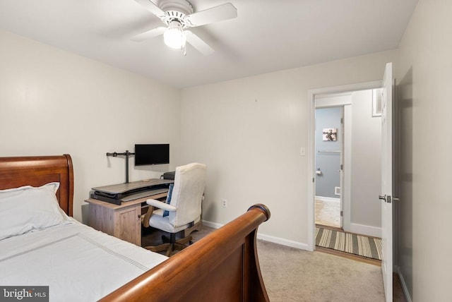 bedroom with light colored carpet and ceiling fan