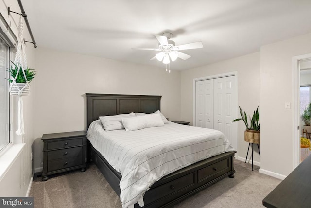 carpeted bedroom featuring ceiling fan and a closet