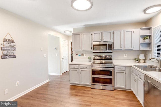 kitchen with open shelves, a sink, light countertops, appliances with stainless steel finishes, and light wood-type flooring