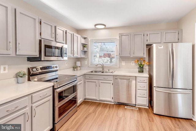 kitchen featuring a sink, light countertops, light wood-type flooring, and stainless steel appliances