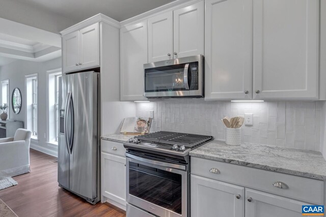 kitchen with light stone counters, dark wood-style flooring, stainless steel appliances, backsplash, and white cabinetry