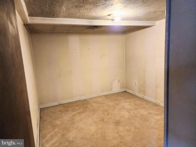 finished basement featuring a textured ceiling and carpet flooring